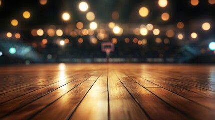Aufkleber - Indoor basketball court with wood floor and blurred bokeh lights.