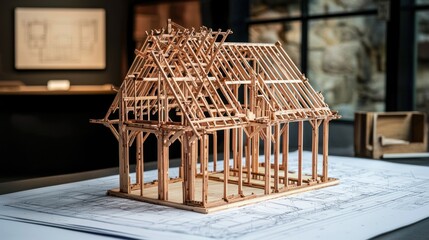Aufkleber - Wooden house model, skeleton structure on blueprints.