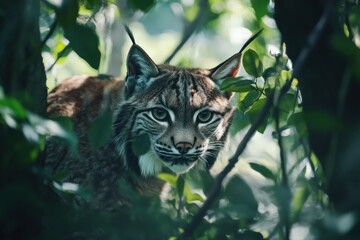 Aufkleber - Lynx stares through green leaves.