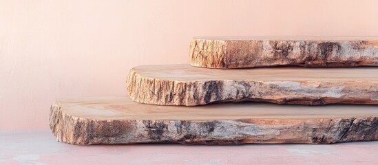 Poster - Wooden slice podiums, stacked on light backdrop.