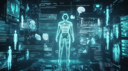 Poster - Holographic female figure surrounded by medical data.