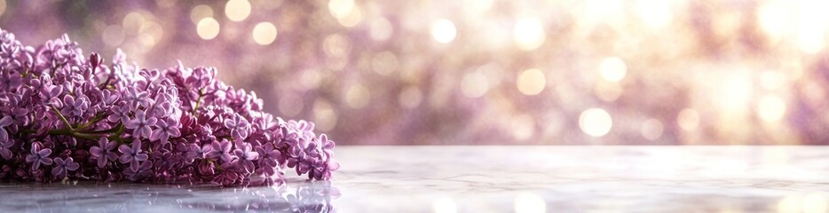 Poster - Purple lilac flower bunch on a table with blurred background.