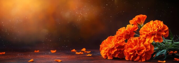 Poster - Orange marigolds on a dark surface, with bokeh and petals.
