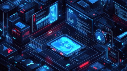 Aufkleber - Isometric digital circuit board with glowing elements.