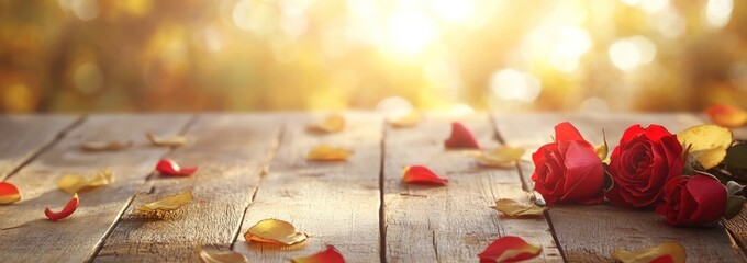 Aufkleber - Red roses & scattered petals on wooden table in a warm, sunny setting.