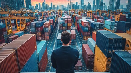 Poster - businessman reviewing blockchain technology overlooking cargo containers in urban port setting
