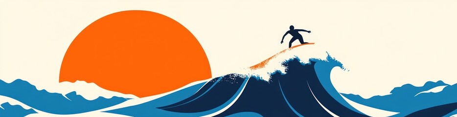 Wall Mural - Surfer silhouette riding wave at sunset.