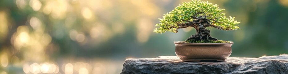 Aufkleber - Potted bonsai tree on rock with golden, bokeh background.