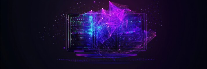 Poster - Glowing server rack with digital network overlay, abstract background.
