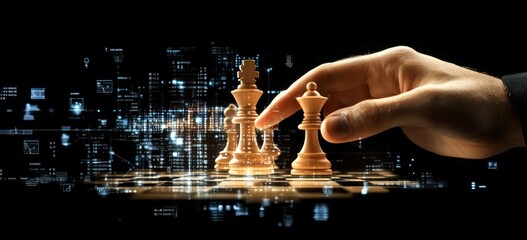 Poster - Hand moves queen on chess board with digital network background.