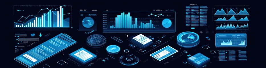 Leinwandbilder - Blue dashboards with charts, graphs, and widgets on dark background.