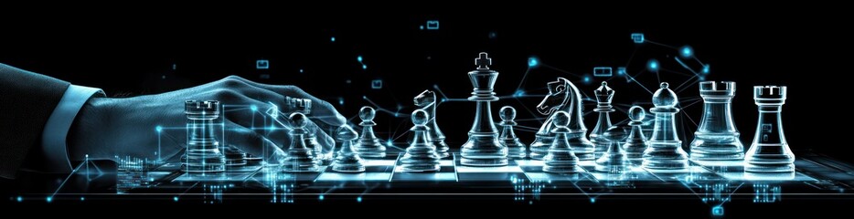 Poster - Digital chess game with hand over a digital board and pieces.