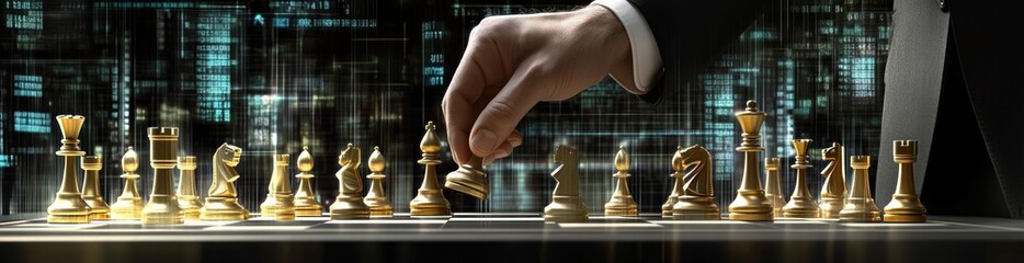 Poster - Hand moves gold chess piece on board with blurred dark technology background.