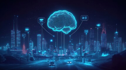 Aufkleber - Brain connects to city via futuristic technology interface.