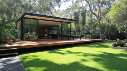 Poster - Modern glass house with a wood deck amid lush green trees and lawn.