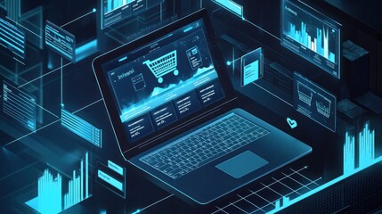 Aufkleber - Blue digital laptop display with data and shop cart icon.