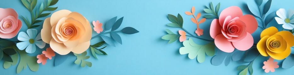 Poster - Paper flowers and leaves on blue background.