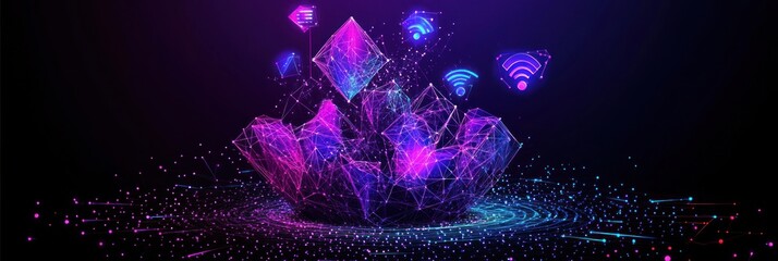Aufkleber - Abstract geometric shapes glowing, with floating wifi signals.