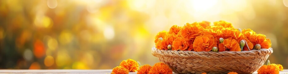 Aufkleber - Orange flowers in basket on table with sunny bokeh background.
