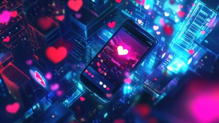 Poster - Smartphone displays heart with floating hearts over a tech city background.