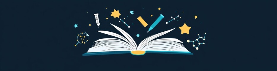 Aufkleber - Open book with science elements on dark backdrop.