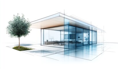 Aufkleber - Minimalist glass house sketch with tree on white background.