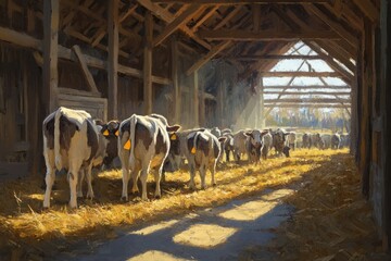 Poster - Cows walk in a wooden barn.