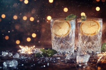 Poster - Two clear drinks with lemon and mint.