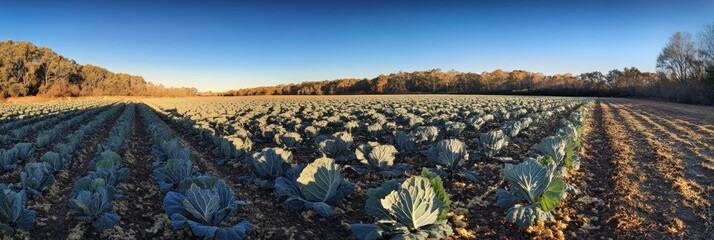 Poster - Cabbage field with clear blue sky and trees.