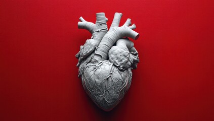 Poster - Sculpted heart organ on a red background.