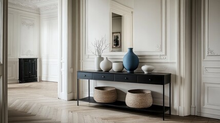 Aufkleber - Elegant interior with console, vases, and baskets in neutral tones.