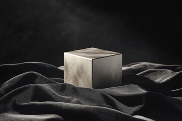 Aufkleber - Metal cube on rippled fabric under spotlight.