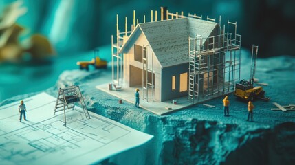 Leinwandbilder - Miniature house under construction, workers and blueprint.