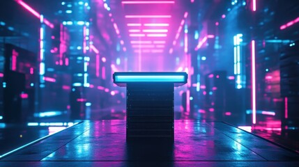 Aufkleber - Neon platform in futuristic, glowing tunnel.
