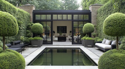 Fototapete - Elegant enclosed courtyard with pool and manicured plants.