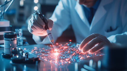 Poster - Scientist conducting research with advanced technology in a laboratory setting during evening hours