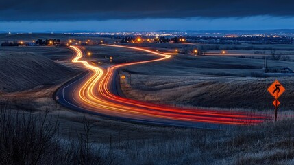 Poster - Winding road light trails at dusk with distant city lights.