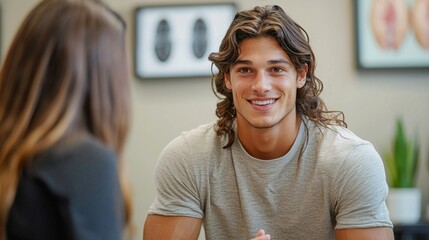 Poster - A man with long hair is smiling at the camera