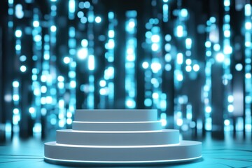 Poster - Blue lit 3-step podium against defocused string lights.
