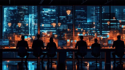 Aufkleber - Group of people monitor digital city security in office.