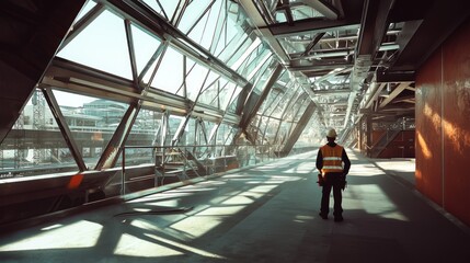Aufkleber - Worker stands inside modern steel and glass building structure.