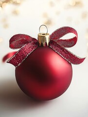 Wall Mural - A festive red Christmas ornament adorned with a shimmering ribbon, perfect for holiday decorations.