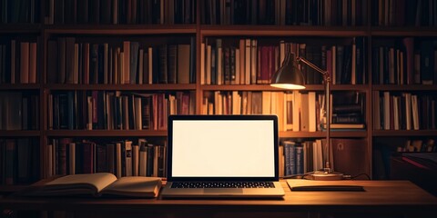 Poster - Desk with laptop, books, lamp before a bookshelf.