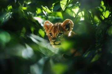 Poster - Lion cub peeking through leaves.