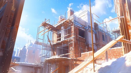 Poster - Construction site with brick buildings, scaffolding, snow and blue sky.