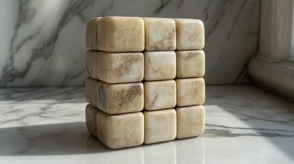 Poster - artistic composition of natural stone cubes forming geometric structure on marble surface in soft na
