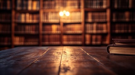 Poster - Old books on a wooden table with out-of-focus library shelves.