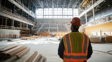 Poster - Engineer watches construction progress inside large arena.
