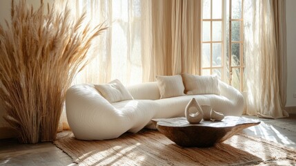 Poster - Beige sofa, table, decor in sunlit living room.