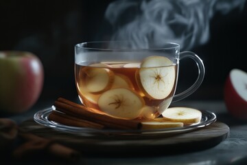 Aufkleber - Steaming apple slices and cinnamon tea in clear cup on wooden board.